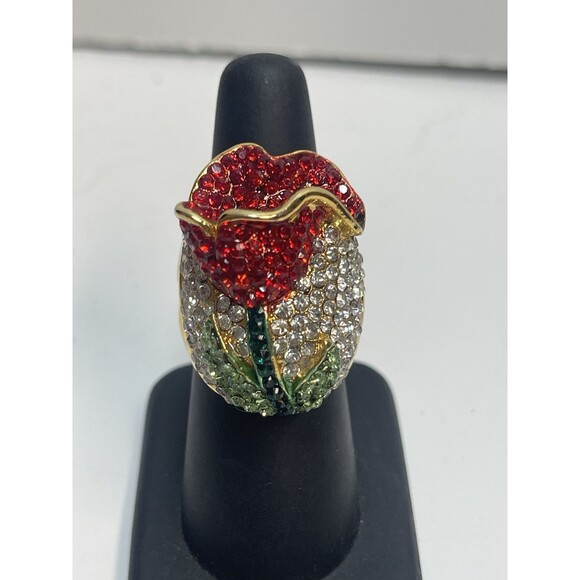 Rhinestone Chunky Statement Dome Flower Ring Sz 6 1/2 - Picture 1 of 9